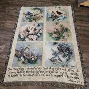 Tapestry throw with birds Psalm 27:4 69inx50in